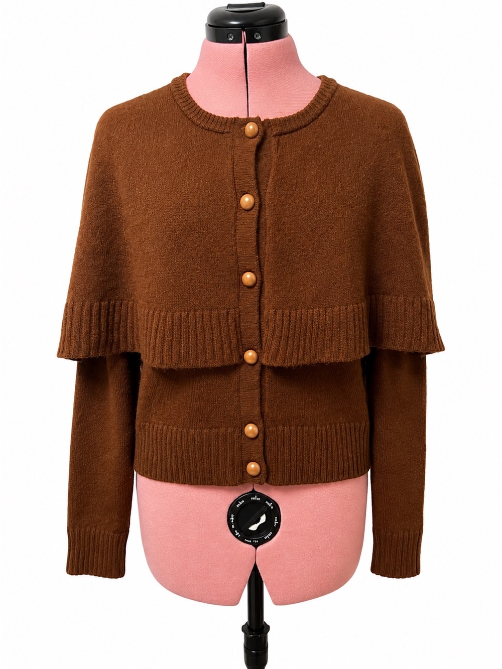 Coffee Colored Layered Cape Cardigan Sweater | Gold Button Front